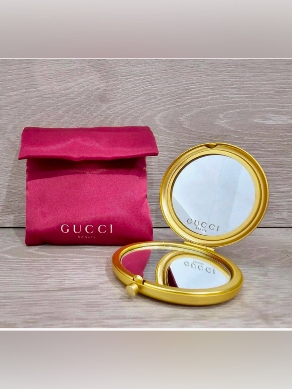 Gucci Beauty Compact Mirror in Burgundy Pouch w Floral Interior. SEALED in Bag. - Picture 4 of 11